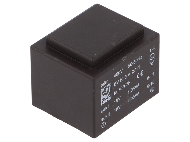 Transformator: ingegoten; 2,1VA; 400VAC; 18V; 18V; 58mA; 58mA; PCB Transformator: ingegoten; 2,1VA; 400VAC; 18V; 18V; 58mA; 58mA; PCB
